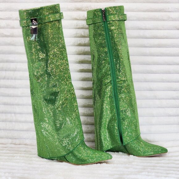 Super Sparkle Sharky Green Rhinestone Skirted Fold Over Wedge Heel Knee Boots - Picture 7 of 14